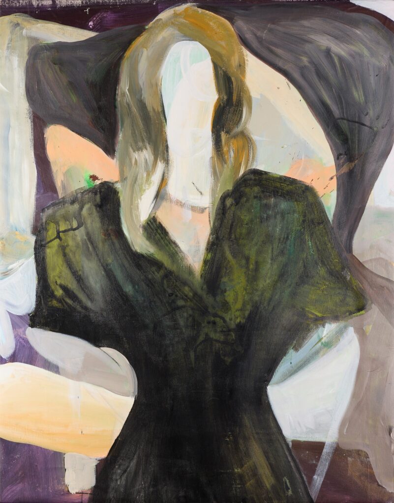 Painting of a female figure viewed from the front, with a highly detailed face. The figure is wearing a dark green/black dress and has shoulder-length light-colored hair; the background consists of broad, loose brushstrokes in shades of purple, beige, and light tones. The composition is simplified and painterly, with distinct layers of color and abstract areas.