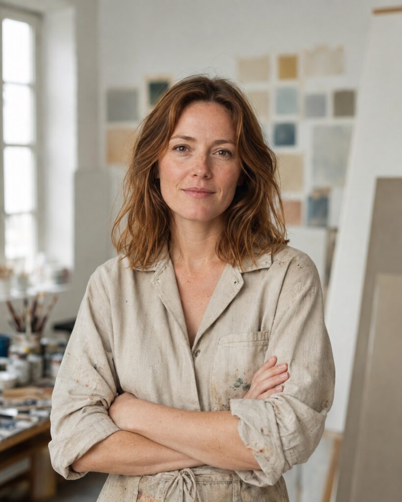 Fiktivt AI-genereret portræt af demokunstneren Freja Agerlund i et maleratelier
