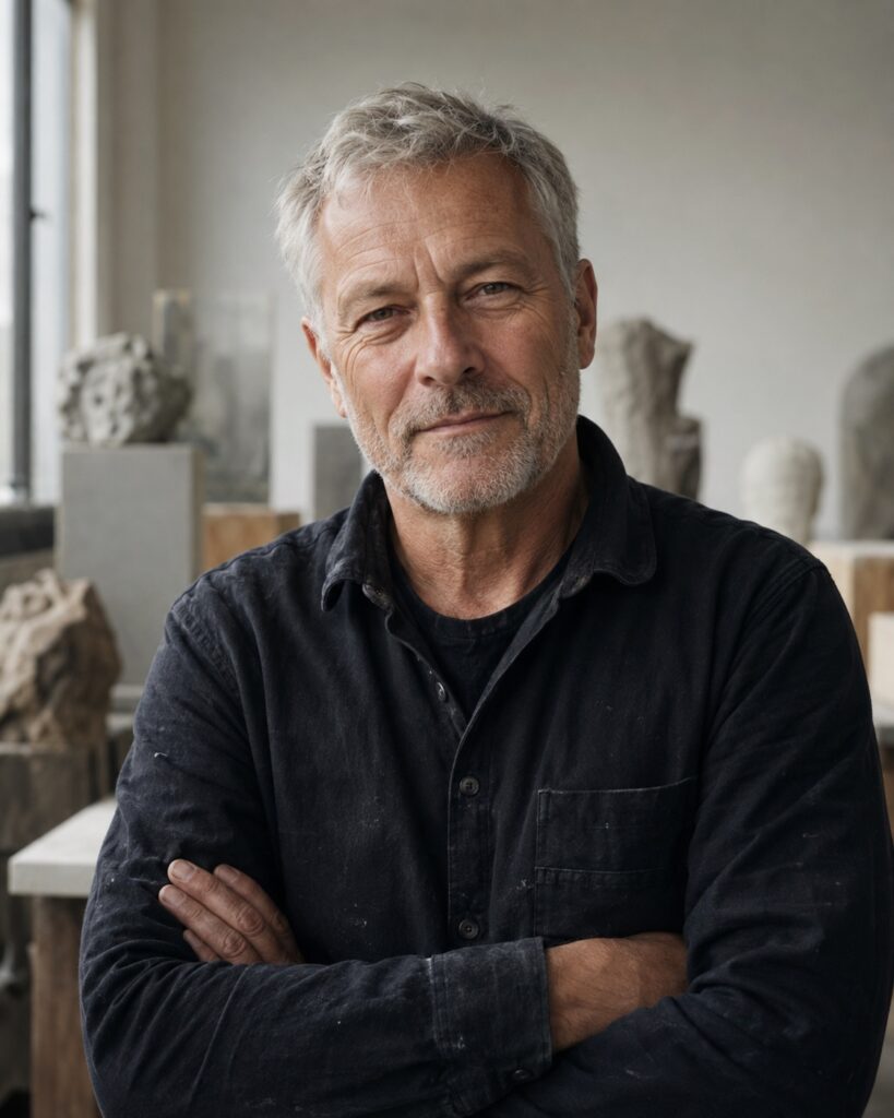 Fiktivt AI-genereret portræt af demokunstneren Hans Birkholm i et skulpturatelier