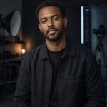 Fiktivt AI-genereret portræt af demokunstneren Malik Østergaard i et fotoatelier