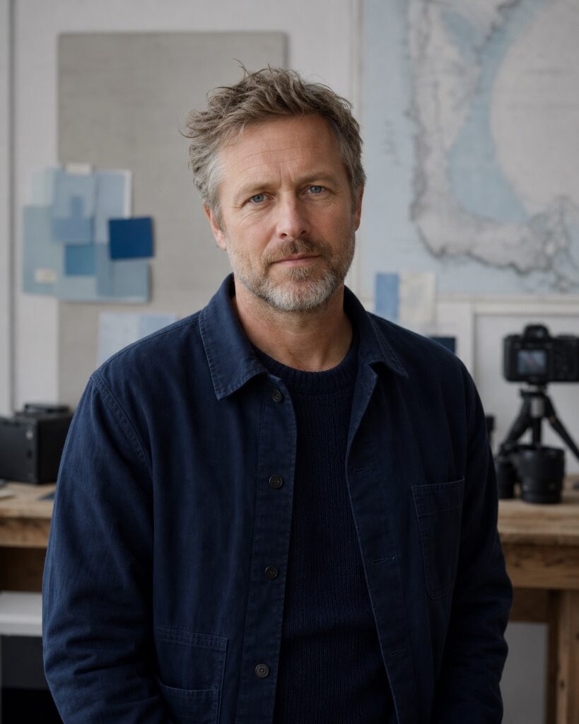 Fiktivt AI-genereret portræt af demokunstneren Nikolaj Vester i et landskabsfotoatelier