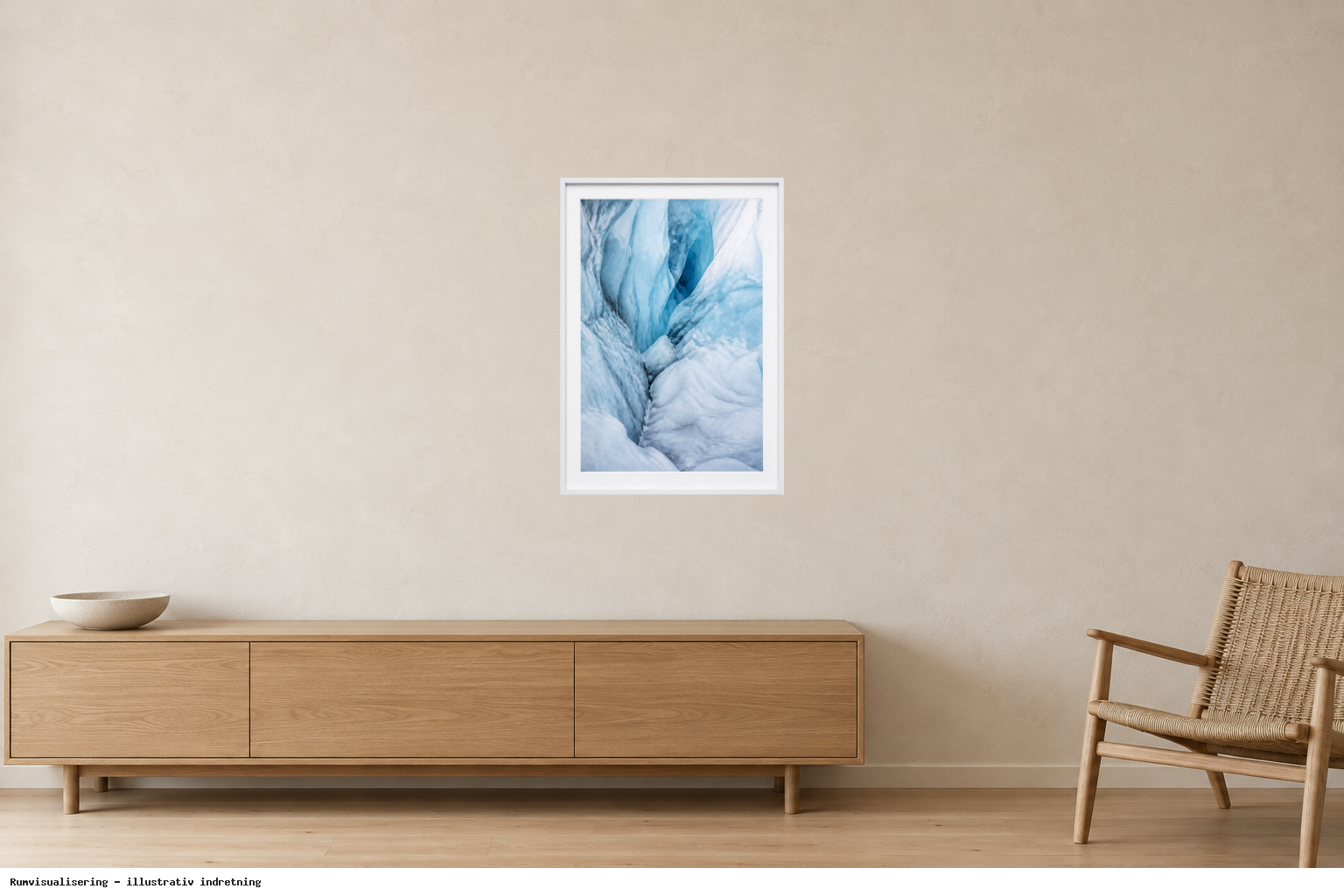 Rumvisualisering · illustrativ indretning, ikke et foto fra kunstnerens rum