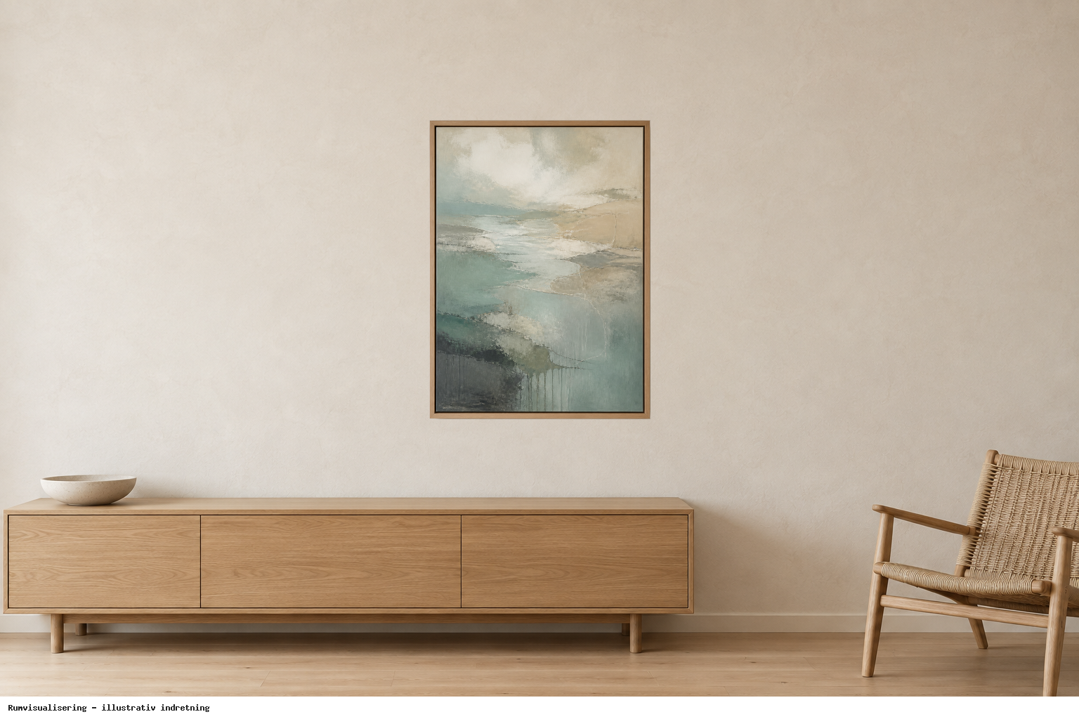Rumvisualisering · illustrativ indretning, ikke et foto fra kunstnerens rum