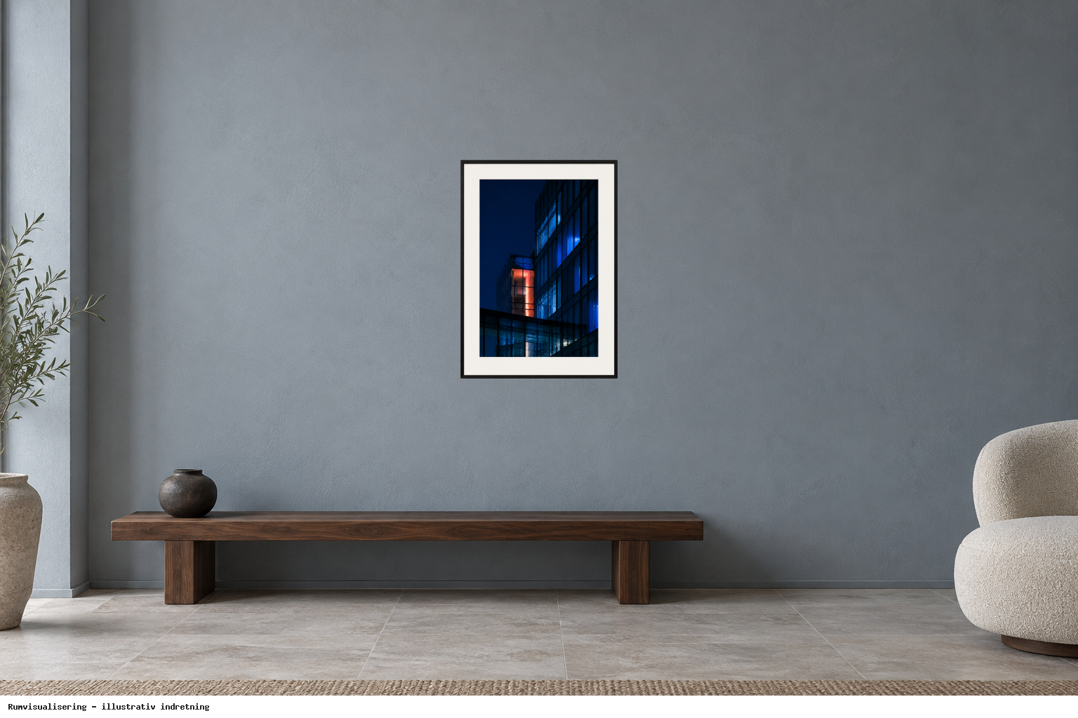 Rumvisualisering · illustrativ indretning, ikke et foto fra kunstnerens rum