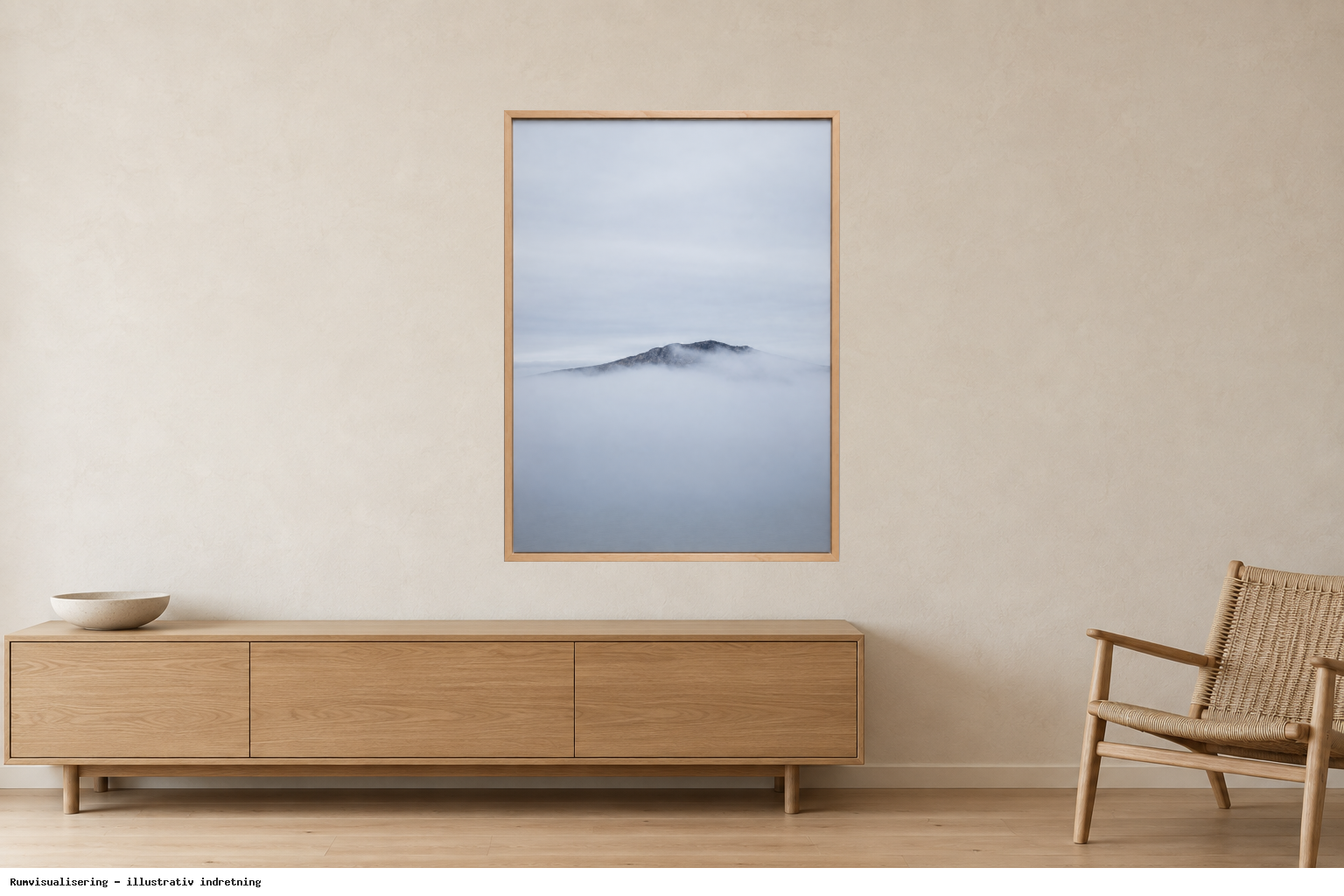 Rumvisualisering · illustrativ indretning, ikke et foto fra kunstnerens rum