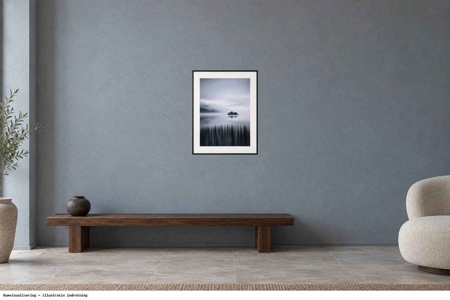 Rumvisualisering · illustrativ indretning, ikke et foto fra kunstnerens rum