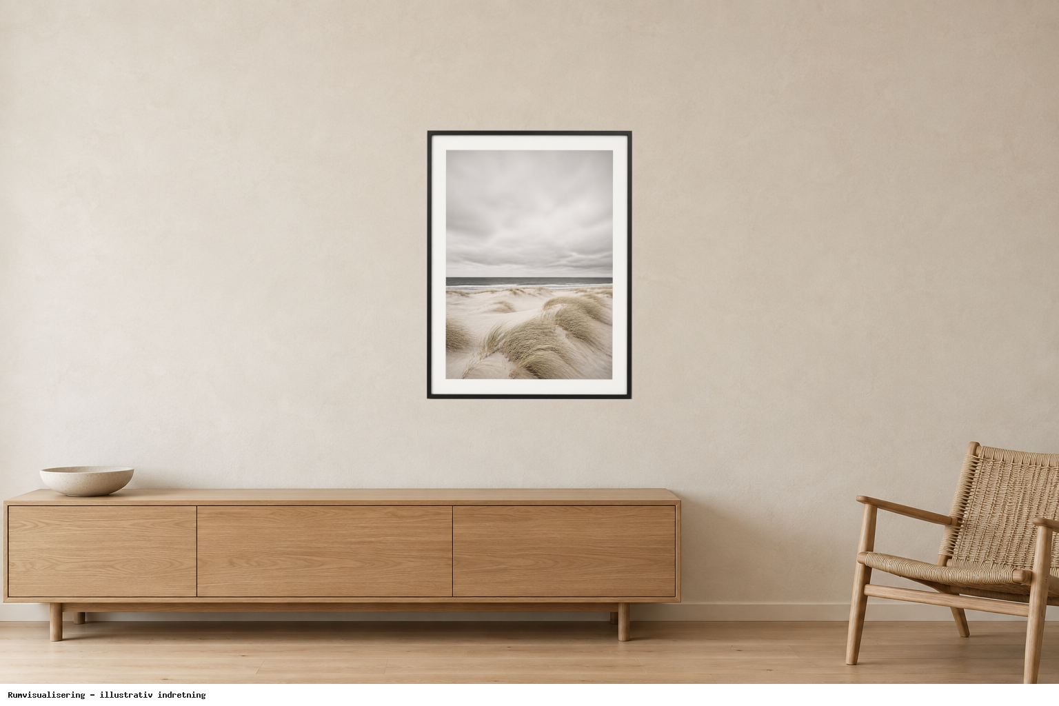 Rumvisualisering · illustrativ indretning, ikke et foto fra kunstnerens rum