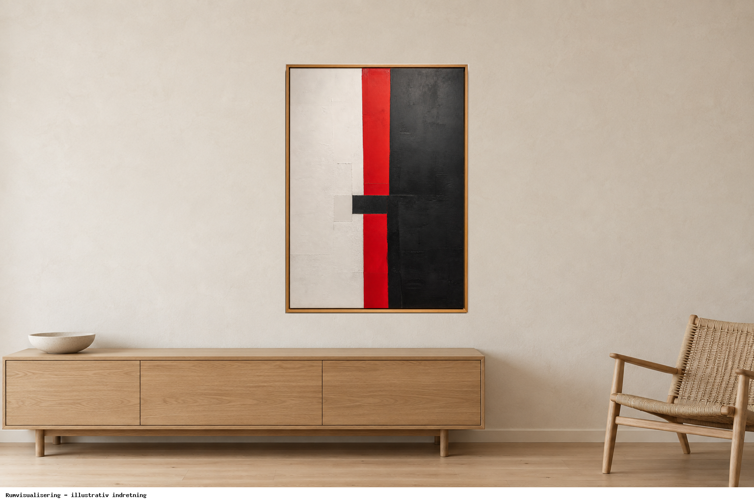 Rumvisualisering · illustrativ indretning, ikke et foto fra kunstnerens rum