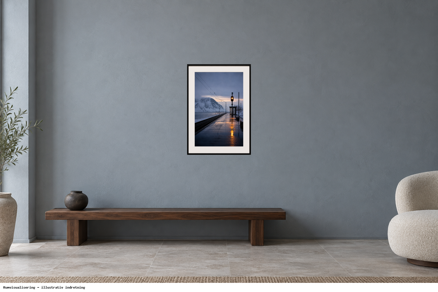 Rumvisualisering · illustrativ indretning, ikke et foto fra kunstnerens rum