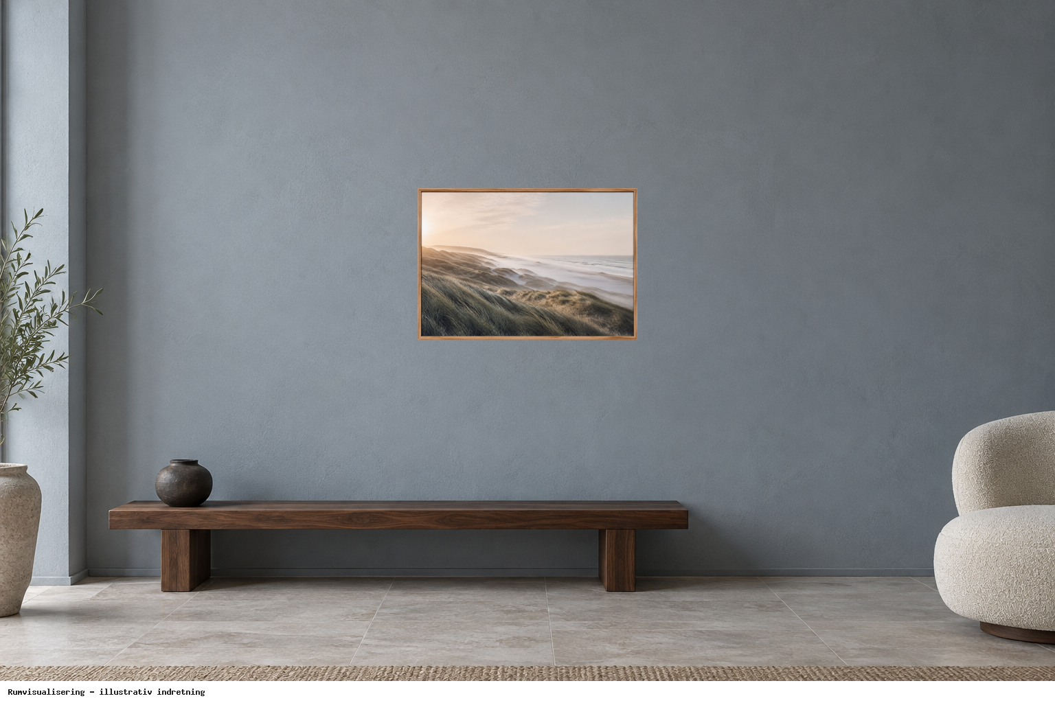 Rumvisualisering · illustrativ indretning, ikke et foto fra kunstnerens rum