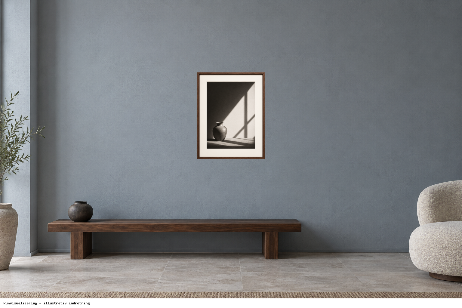 Rumvisualisering · illustrativ indretning, ikke et foto fra kunstnerens rum